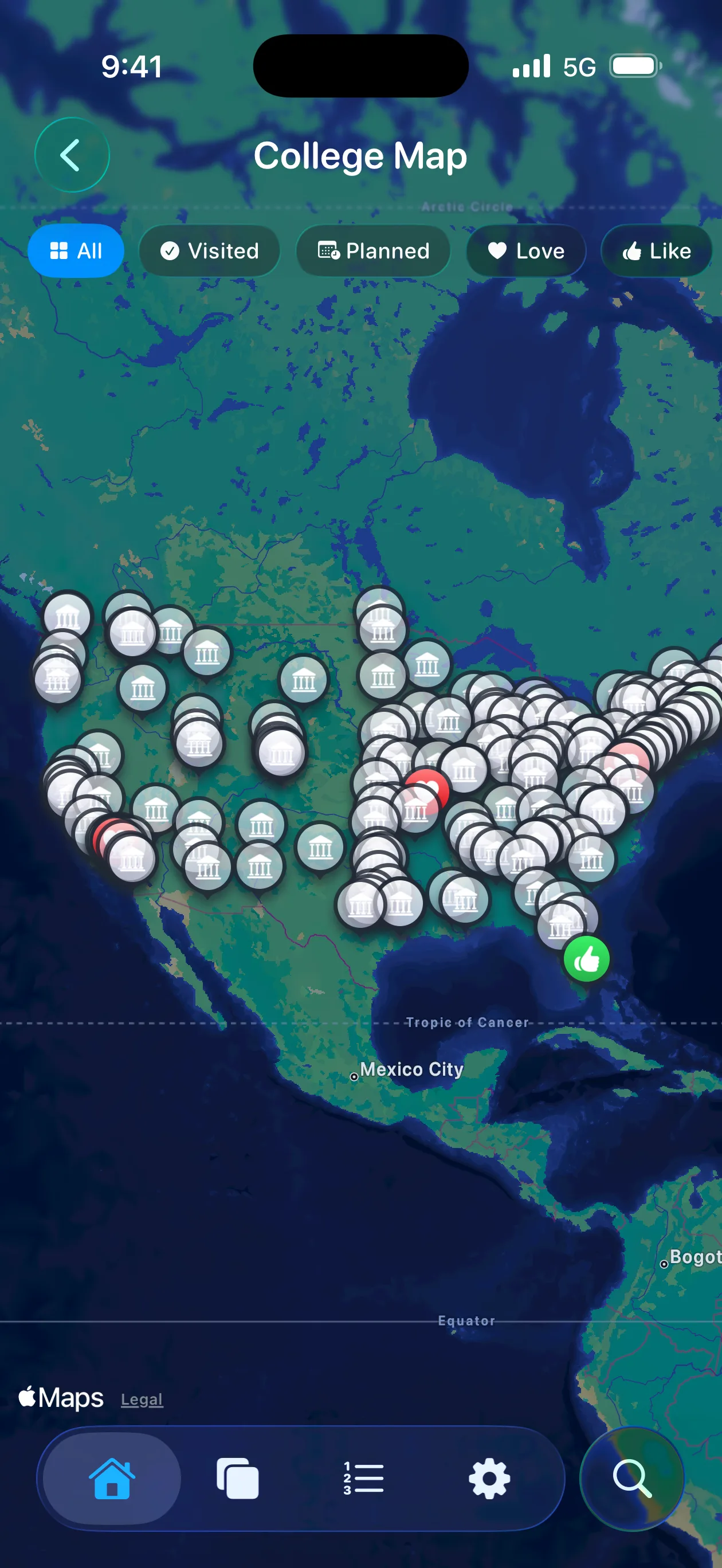 Toured app college map showing schools by location across the United States
